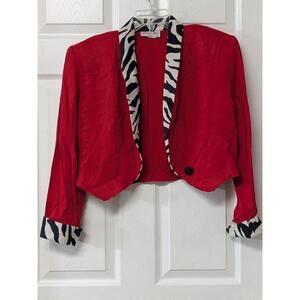 Red Blazer with Zebra Print Trim and Cuffed Sleeves
